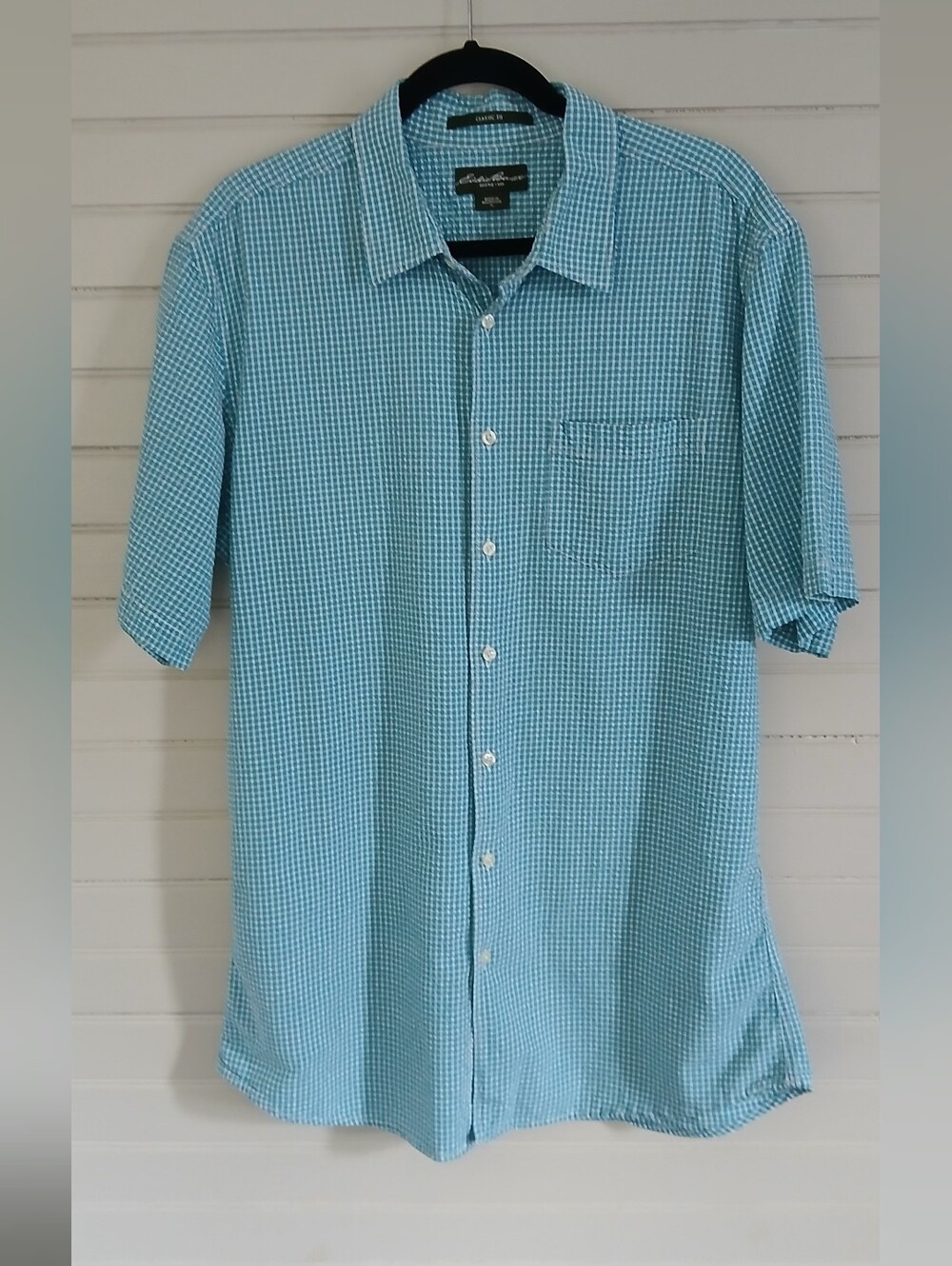 Eddie Bauer Men's Size Large Classic Fit Seersucker Teal Blue Check